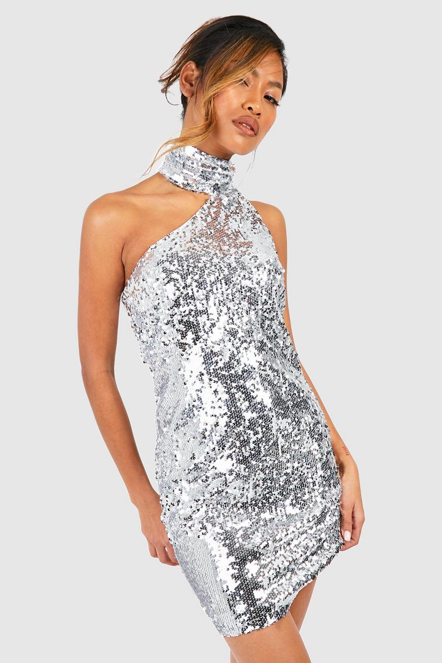 Silver Sequin Halter Drape Mini Dress image number 1