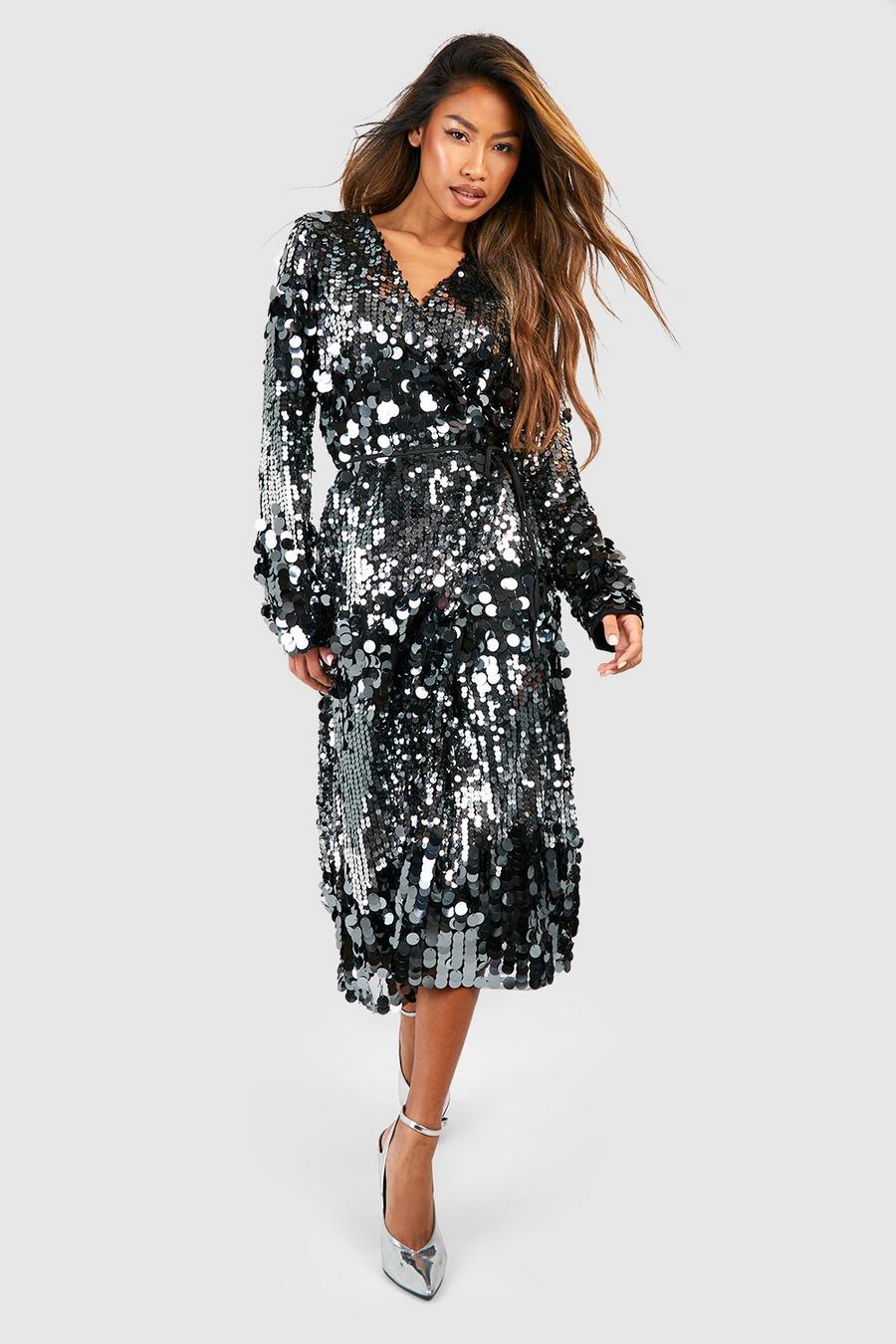 Silver Ombre Sequin Wrap Midi Dress image number 1