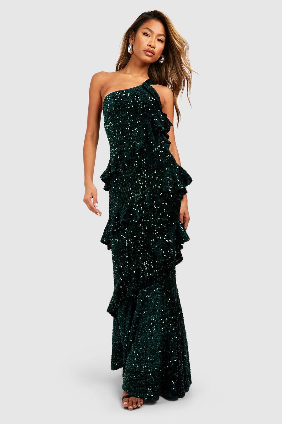 Emerald Velvet Sequin Asymmetric Maxi Dress