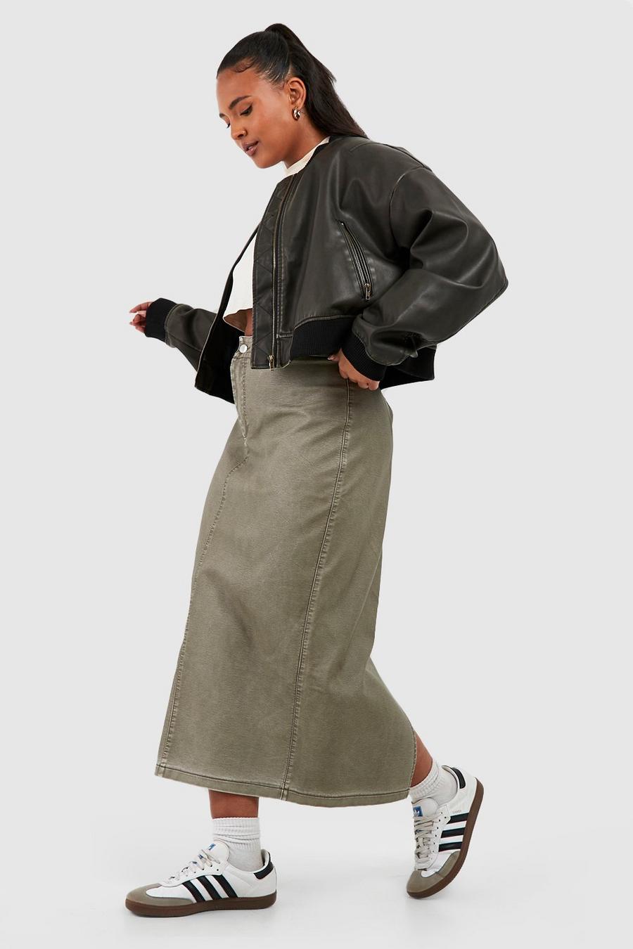 Grey Plus Vintage Look Faux Leather Midi Skirt  