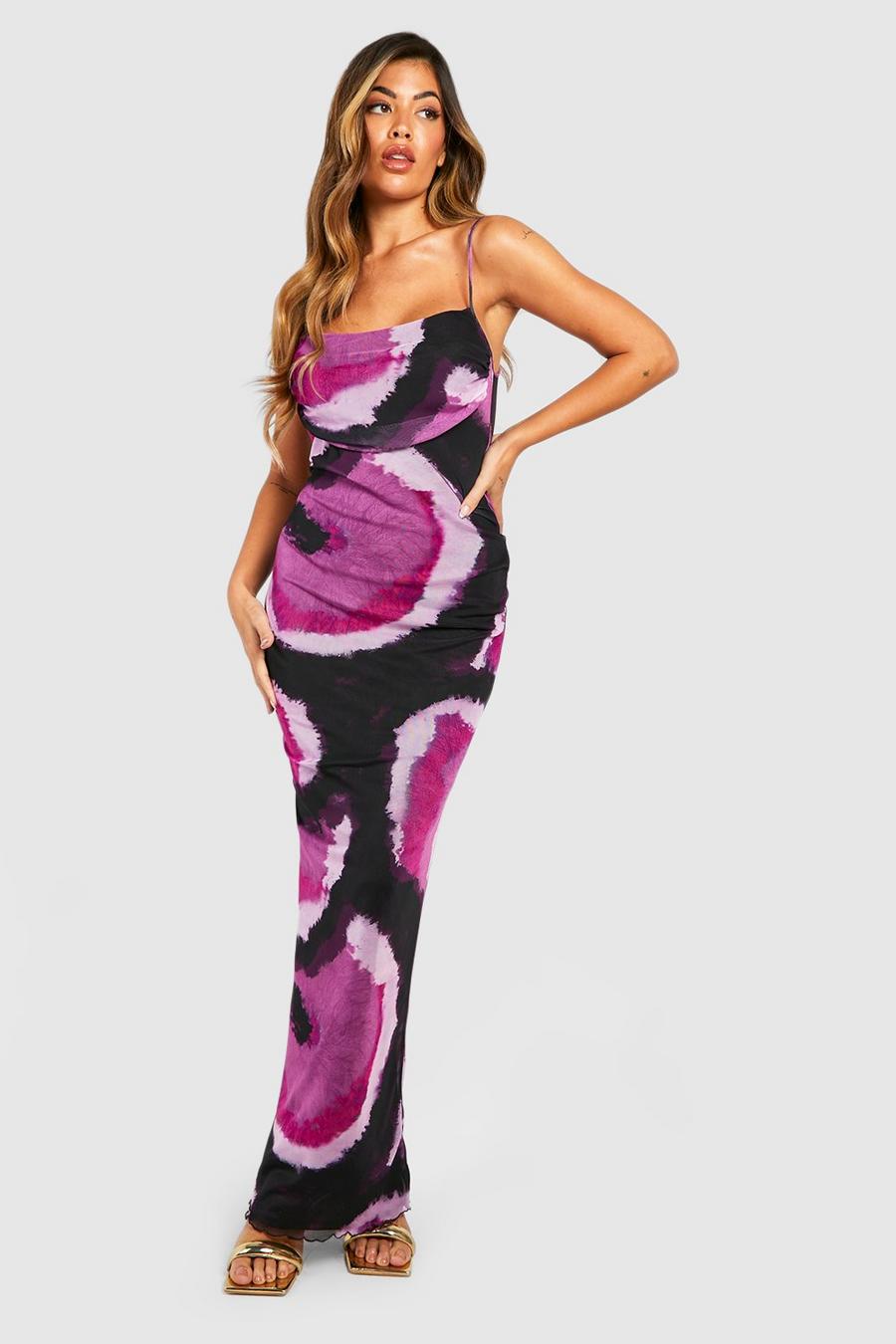 Purple Tie Dye Print Mesh Maxi Slip Dress