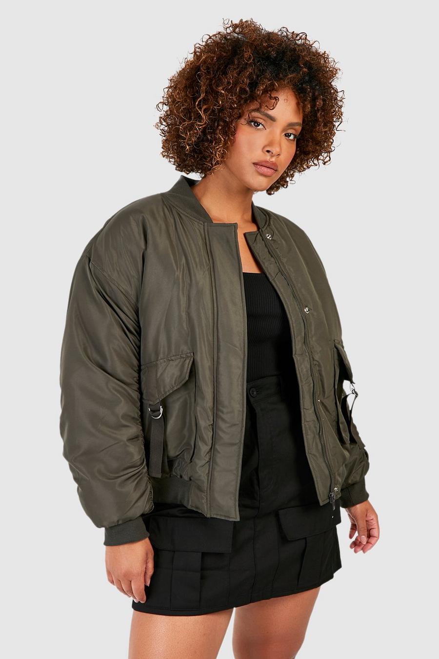 Giacca Bomber Plus Size oversize con tasche, Khaki image number 1