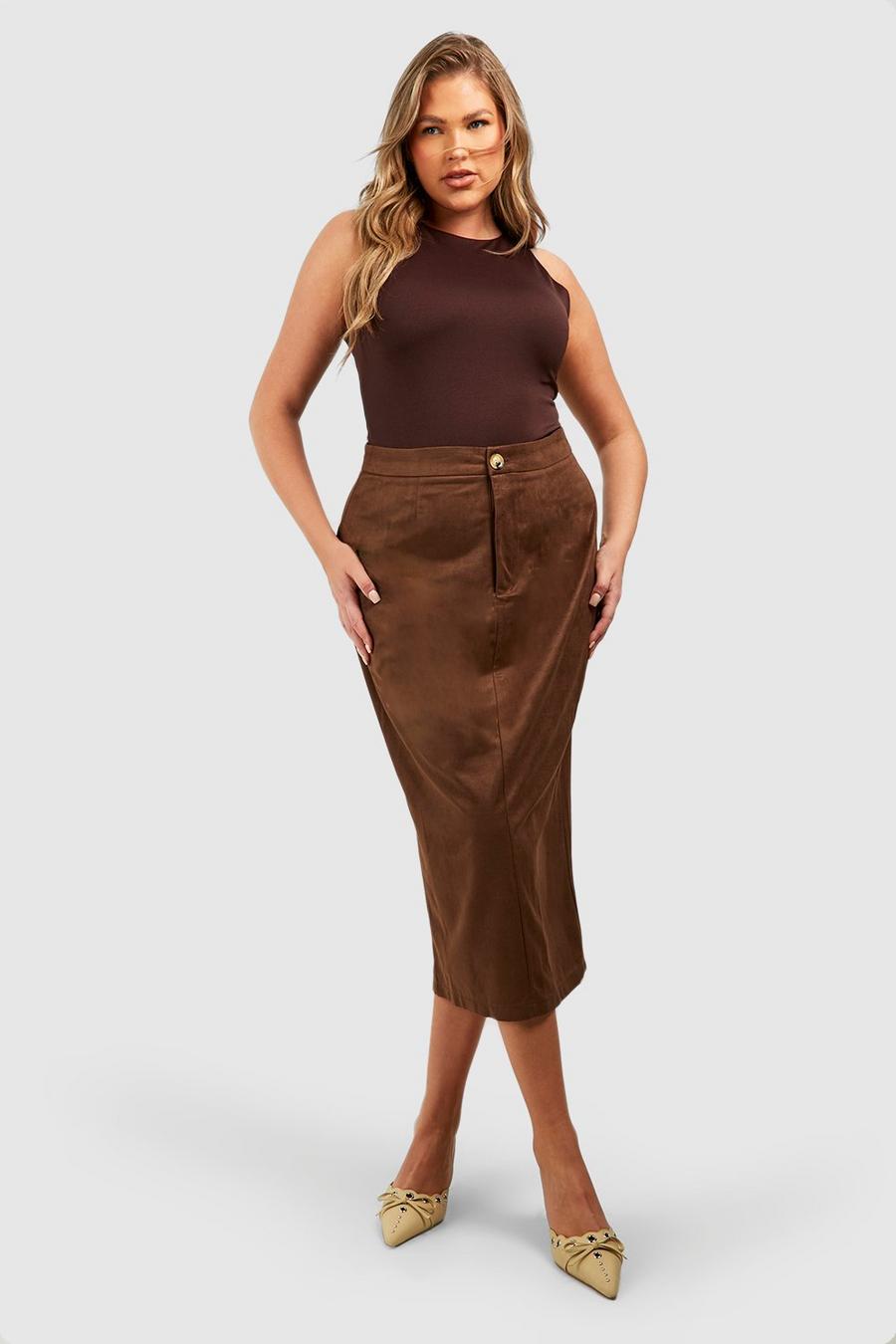 Gonna longuette Plus Size in suedette, Chocolate
