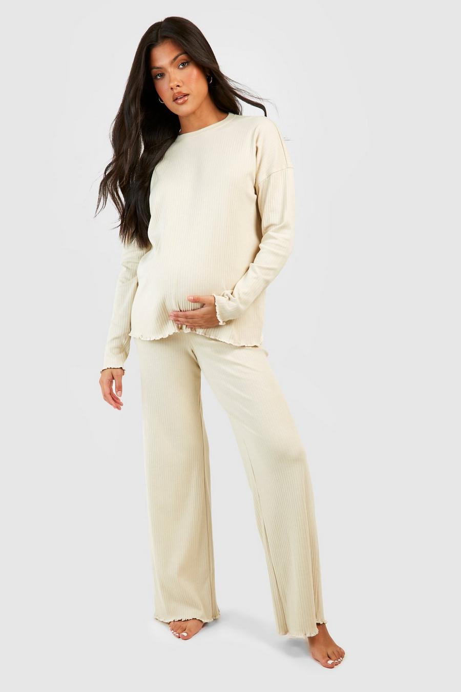 Stone Maternity Ribbed Lettuce Hem Pyjama Set