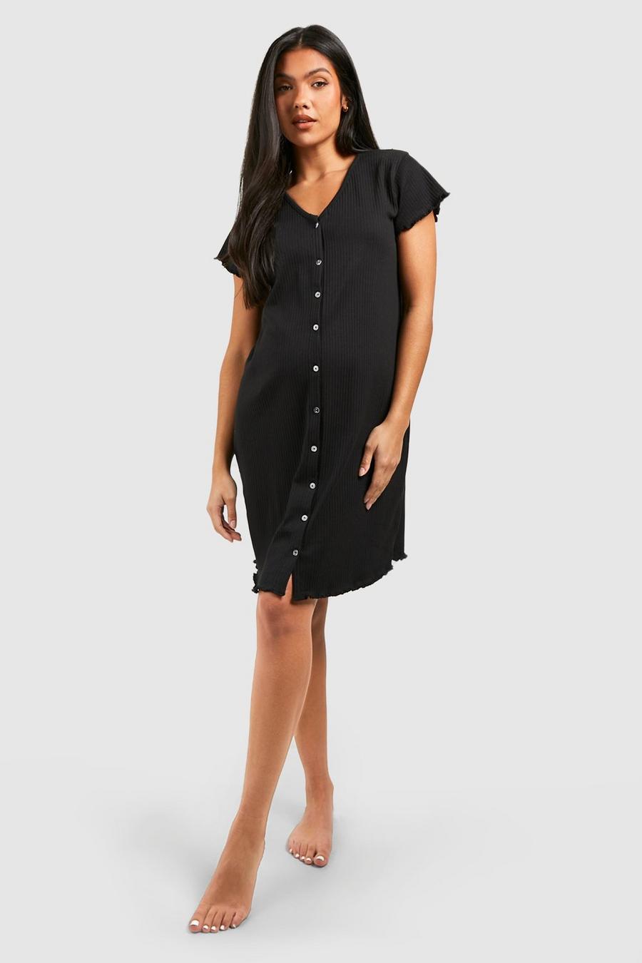 Black Maternity Ribbed Button Down Nightie