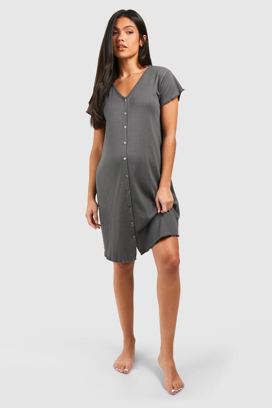 Charcoal Maternity Ribbed Button Down Nightgown
