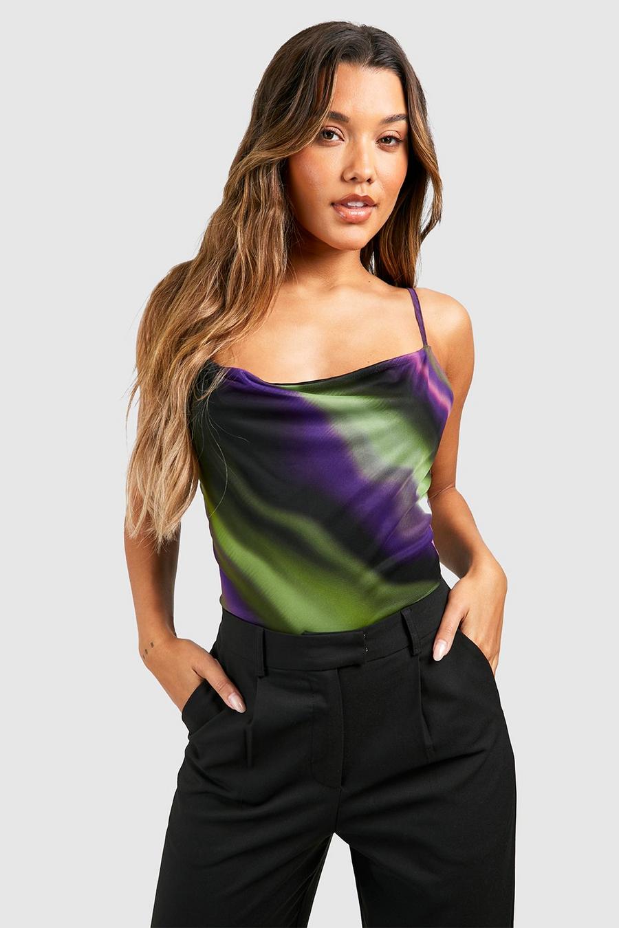 Green Blurred Floral Cowl Mesh Bodysuit 