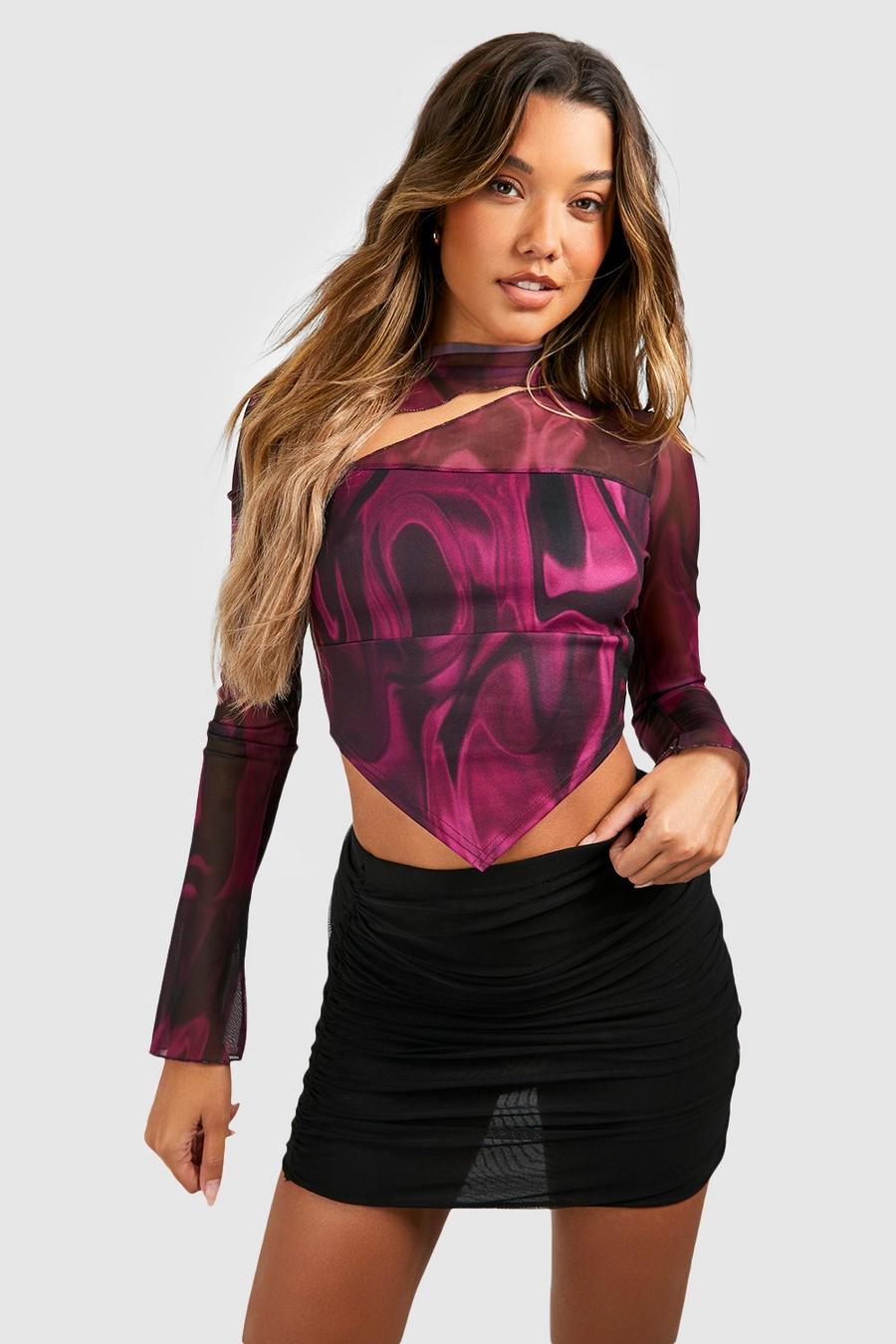 Purple Abstract Printed Mesh Slash Front Pointed Hem Corset