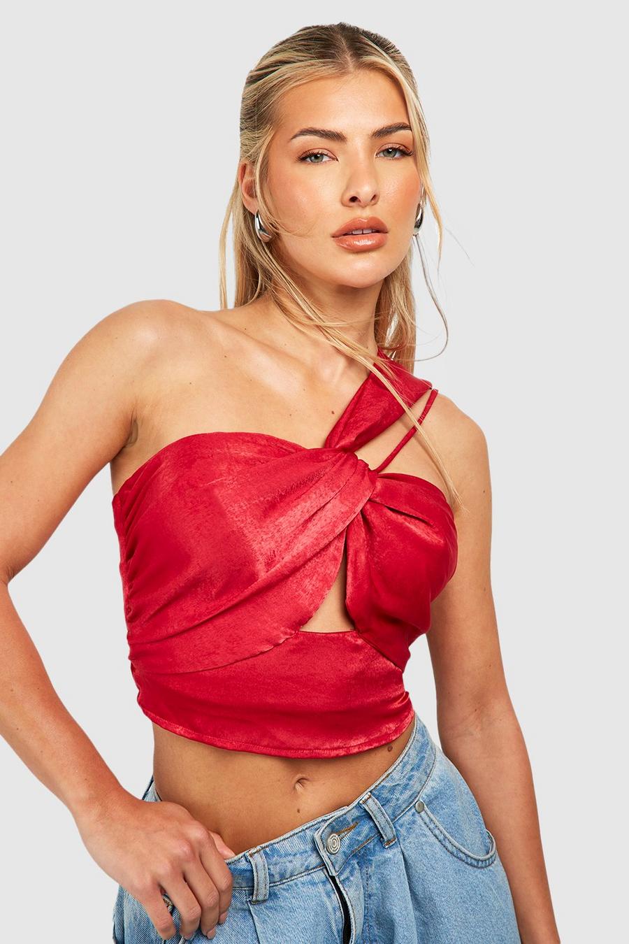 Crop top asimmetrico in raso con cut-out, Red