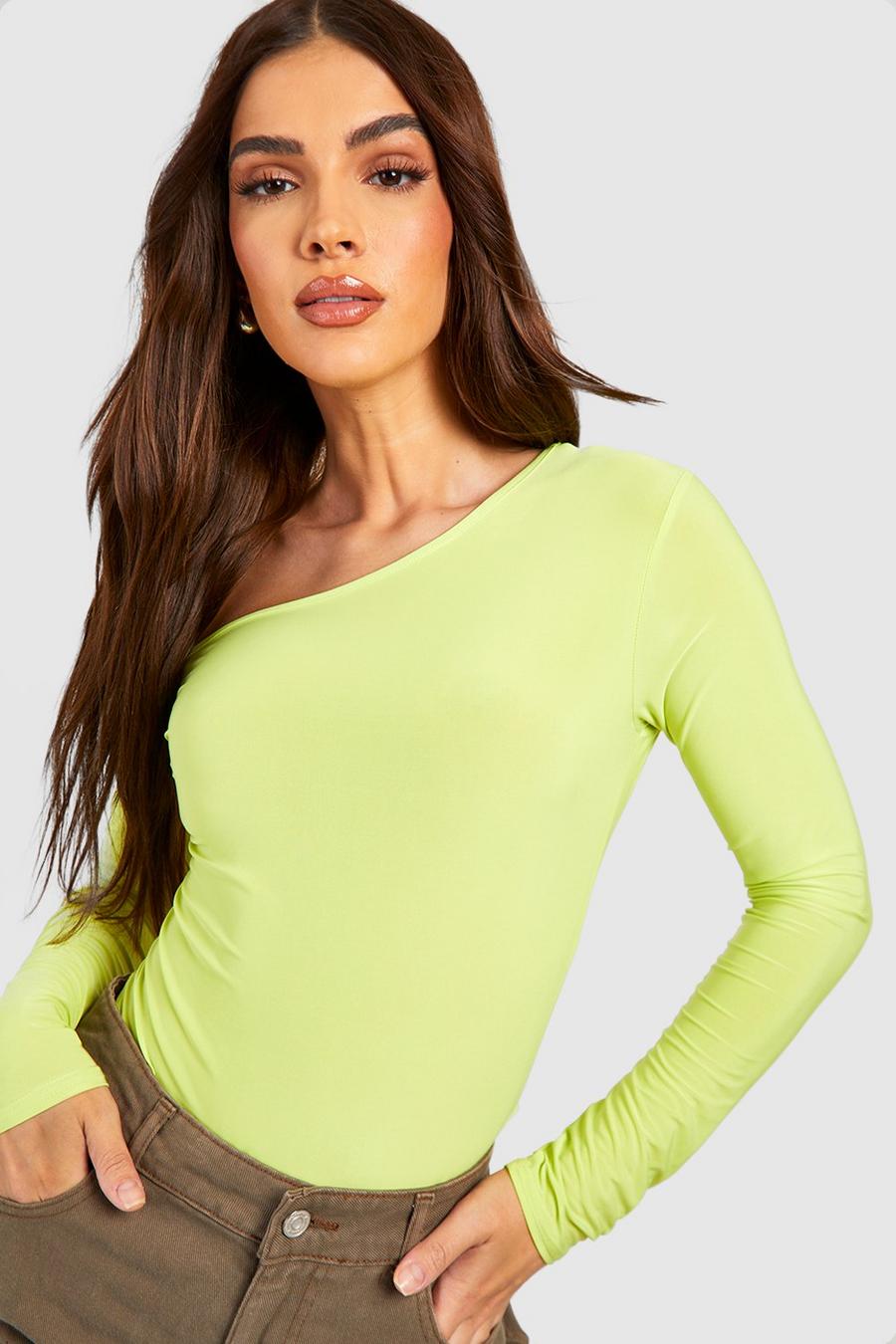 Lime Slinky Off The Shoulder Long Sleeve Bodysuit 