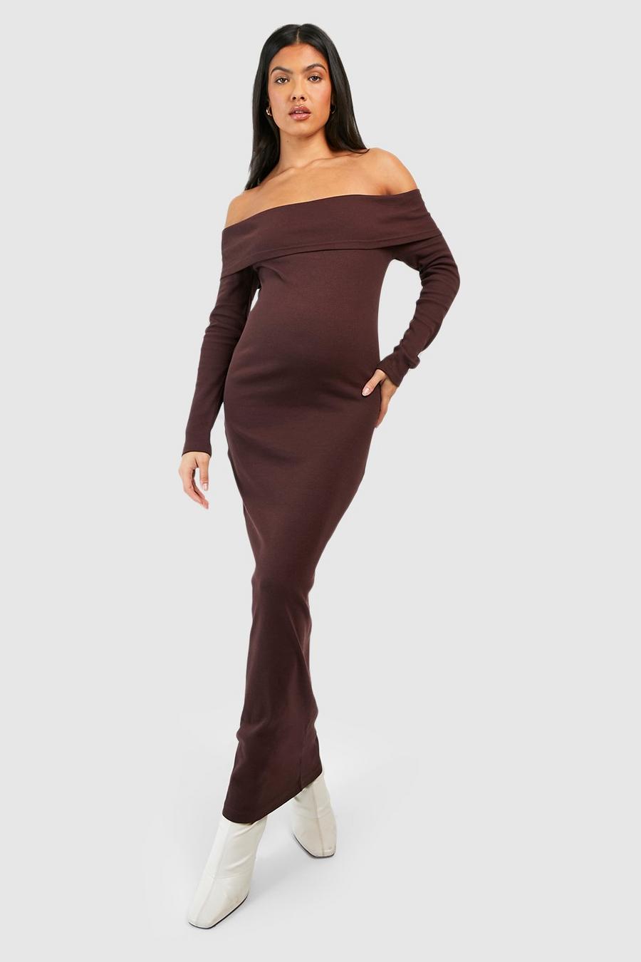 Chocolate Maternity Basic Bardot Maxi Dress
