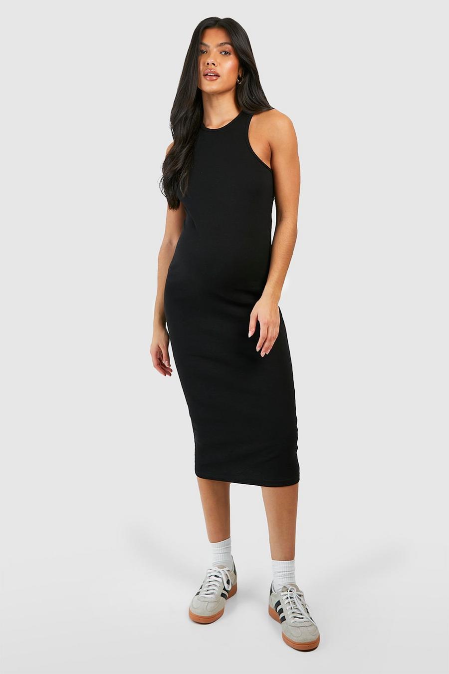 Black Maternity Basic Racer Neck Midi Dress