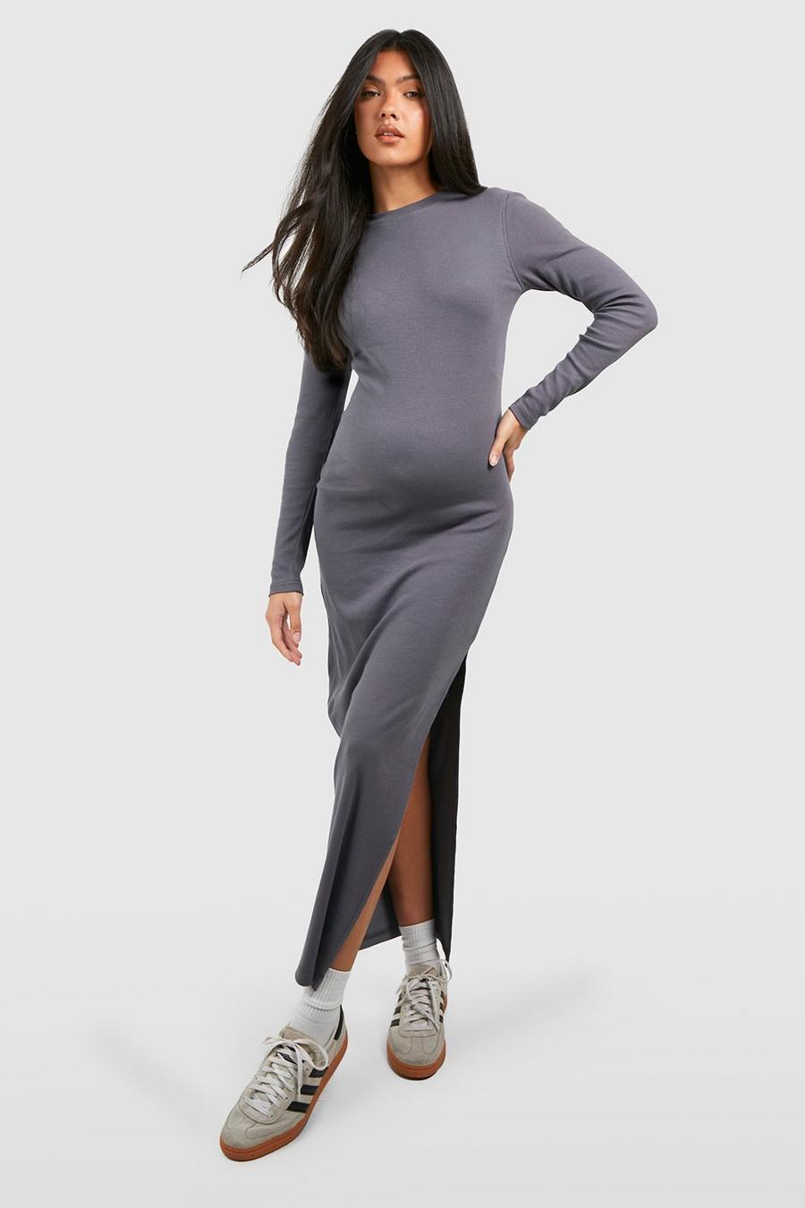 Steel Maternity Basic Crew Neck Long Sleeve Maxi Dress