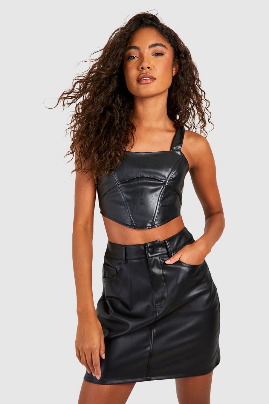 Black Tall Leather Look High Waisted Mini Skirt