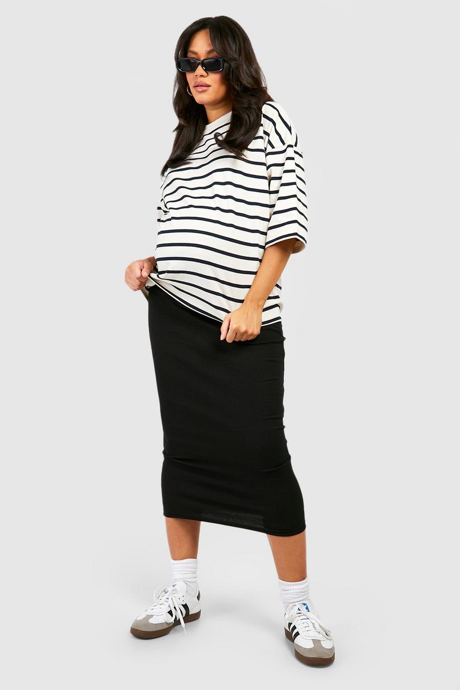 Black Maternity Cotton Rib Maxi Slip Skirt