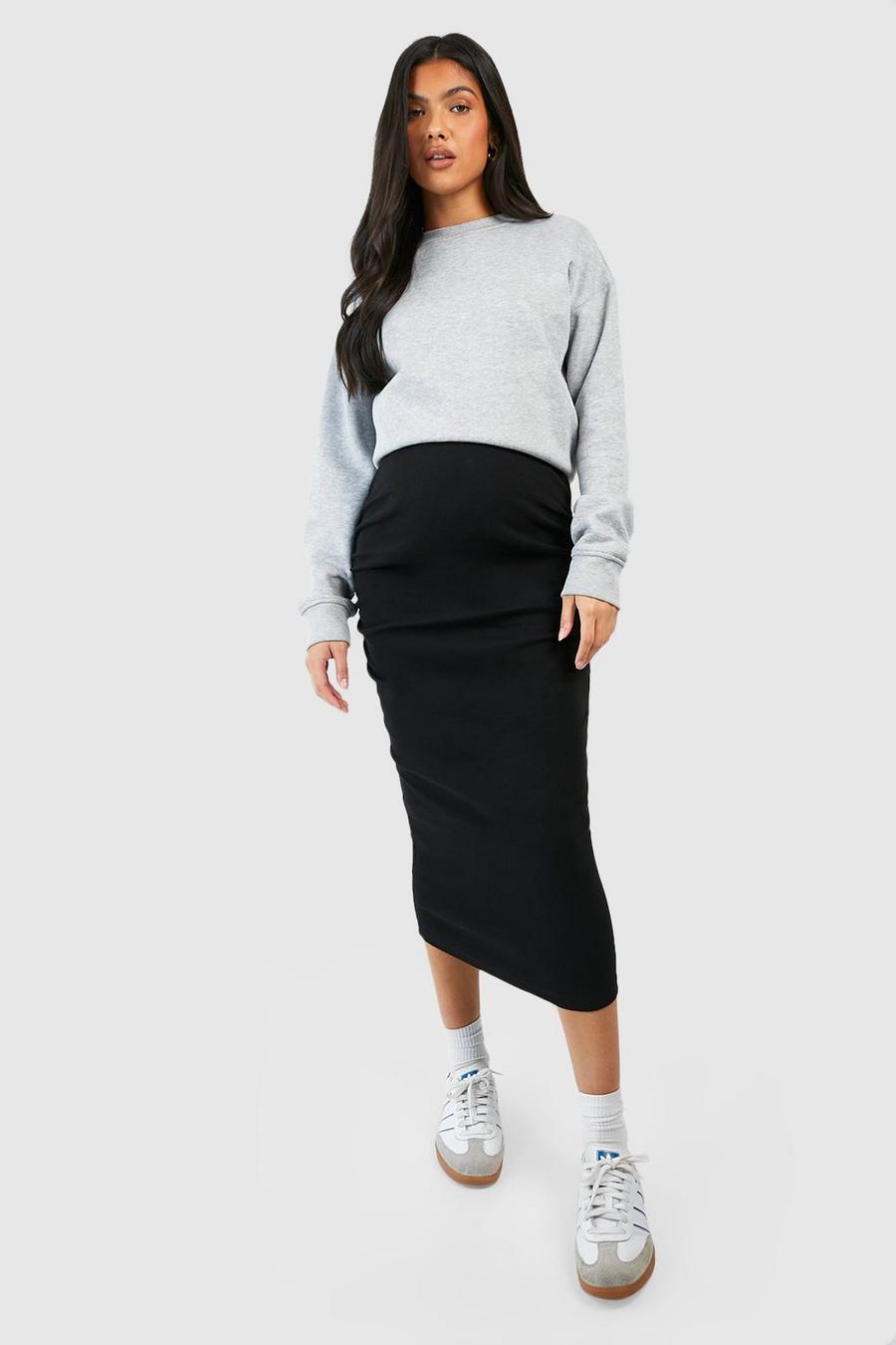 Black Maternity Cotton Rib Midi Skirt