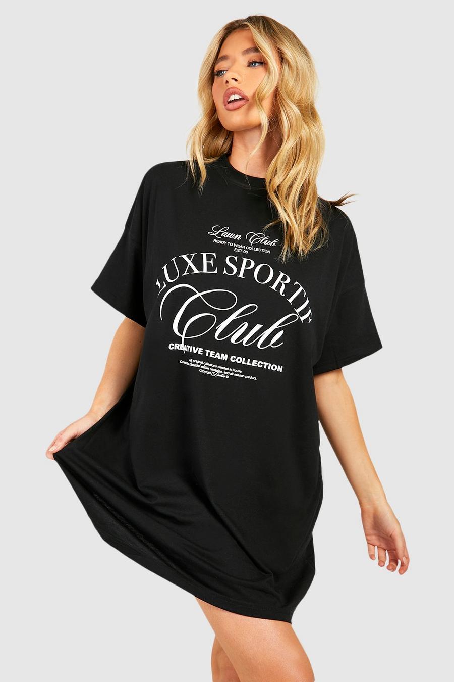 Oversize T-Shirt-Kleid mit Luxe Sport Club Print, Black