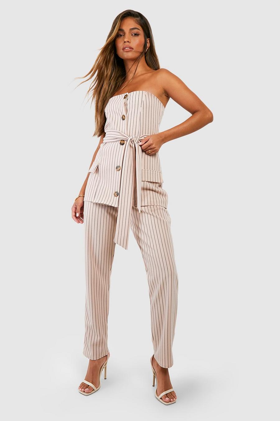 Sand Crepe Pinstripe Ankle Grazer Luxe Trousers
