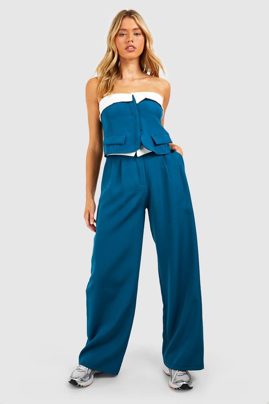 Navy Contrast Waistband Tailored Wide Leg Pants image number 1