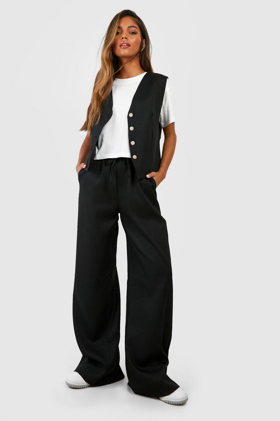 Pantalon texturé en lin à taille élastiquée, Black