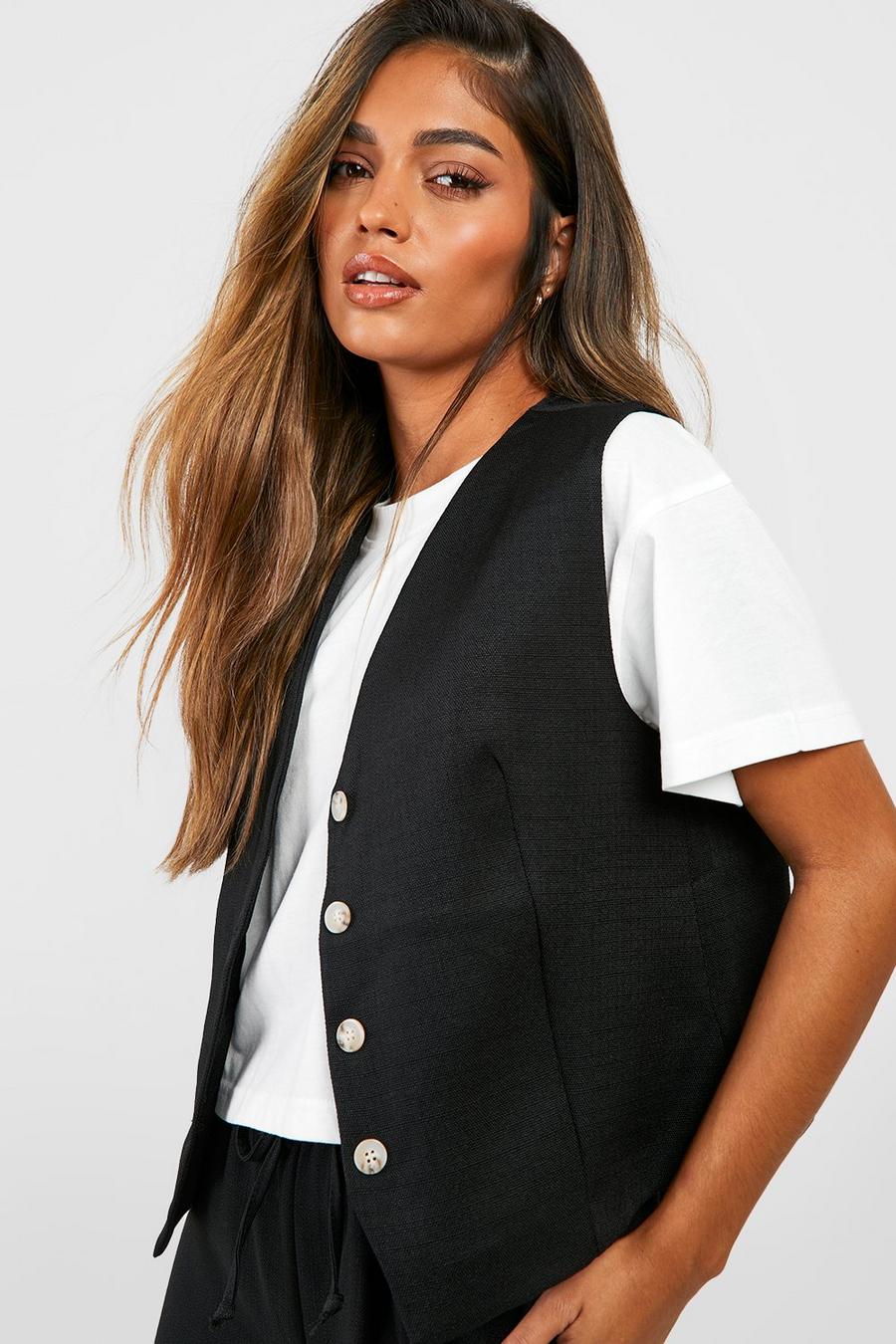 Black Woven Textured Linen Look Boxy Tailored Waistcoat