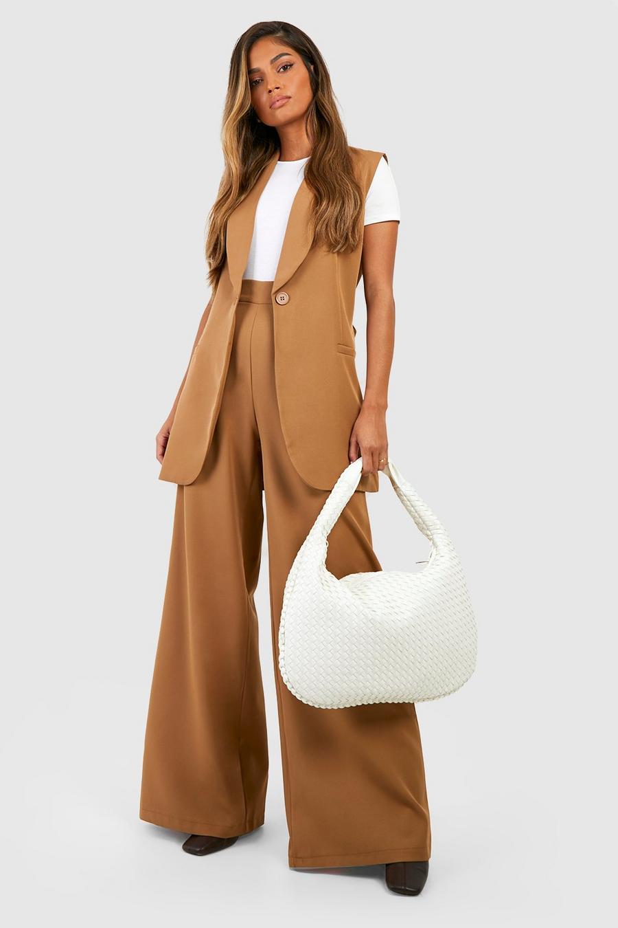 Camel Woven Wide Leg Tailored Trousers 