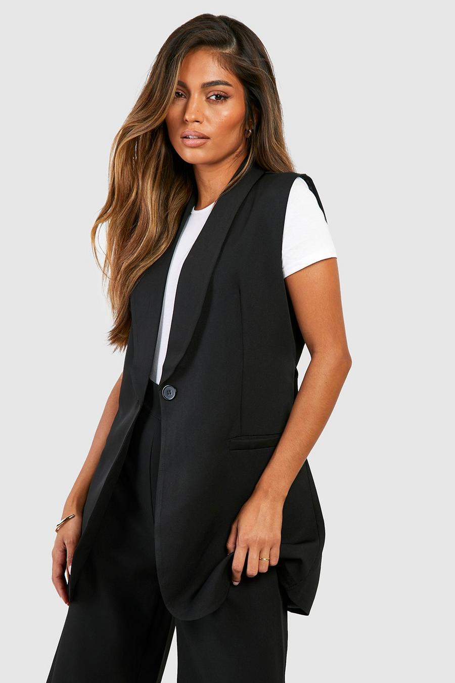 Black Woven Longline Belted Waistcoat image number 1