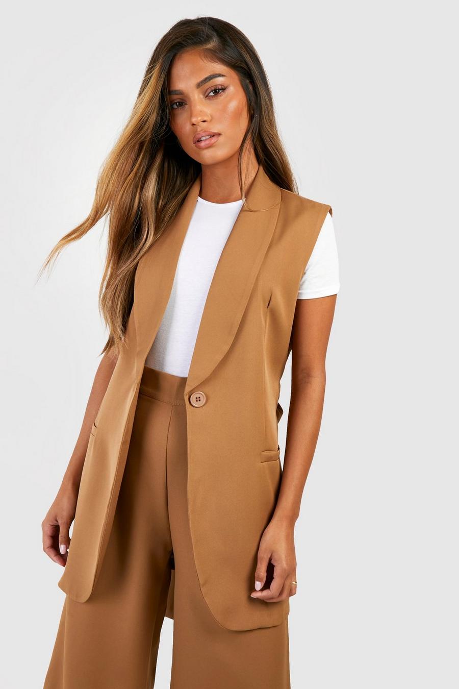 Camel Geweven Long Line Gilet Met Ceintuur