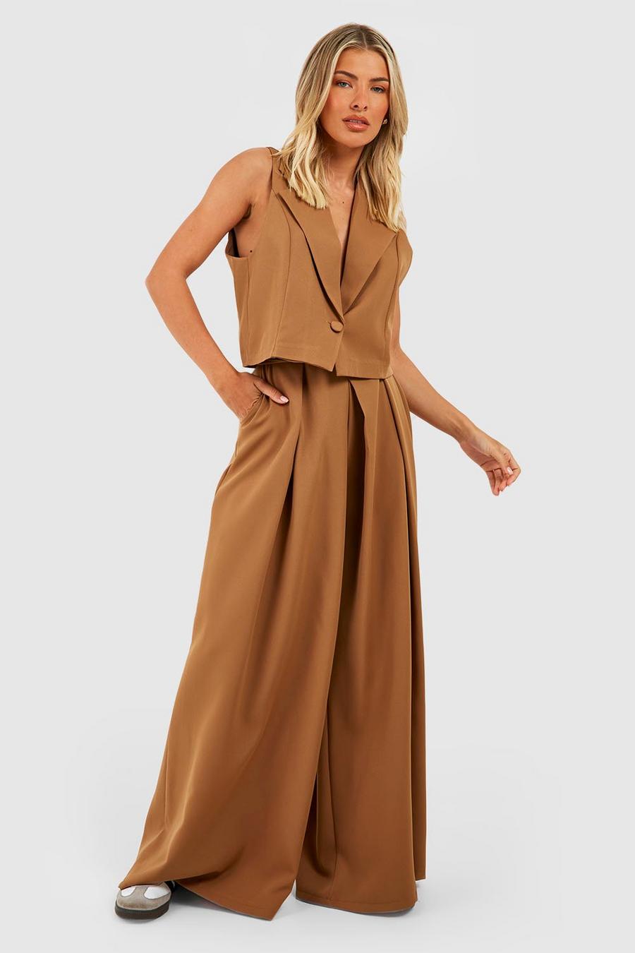 Camel Pleat Front Wide Leg Tailored Trousers