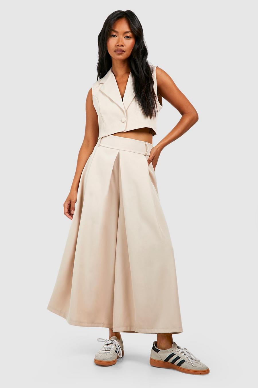 Stone Pleat Front Wide Leg Tailored Culottes