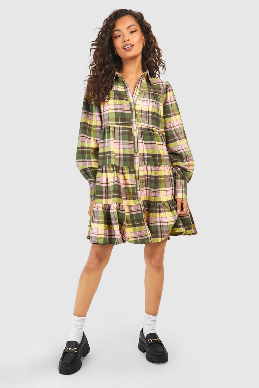 Green Check Tiered Smock Dress image number 1