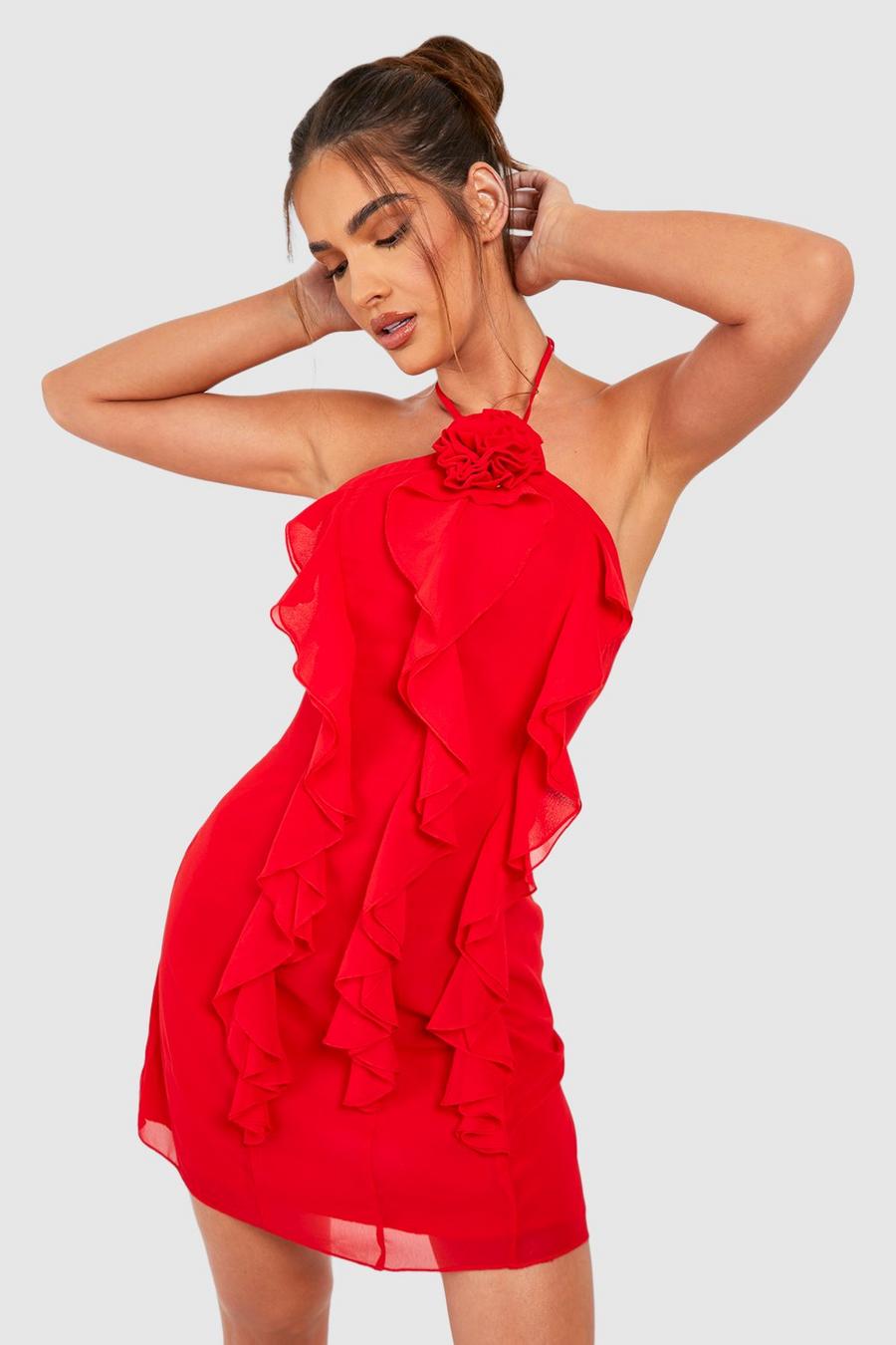 Red Halter Rose Detail Ruffle Mini Dress