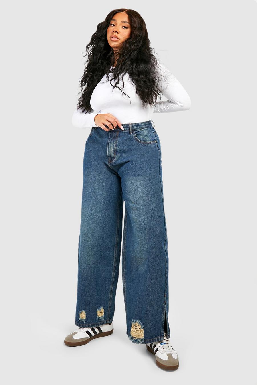 Plus Gescheurde Vintage Wash Jeans Met Split En Rechte Pijpen