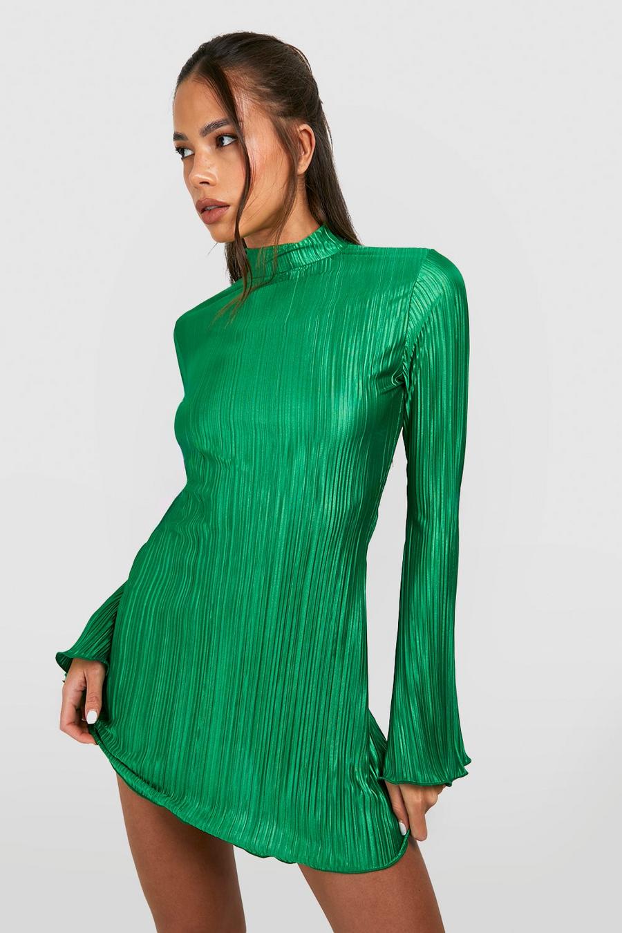 Bright green Plisse Flare Sleeve Column Mini Dress