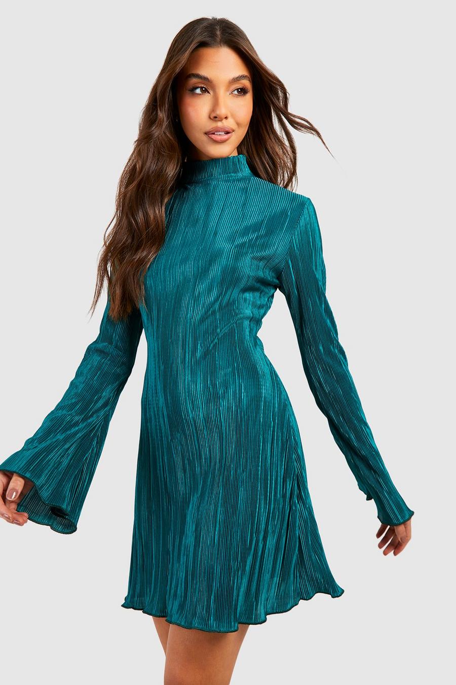 Emerald Plisse Flare Sleeve Column Mini Dress