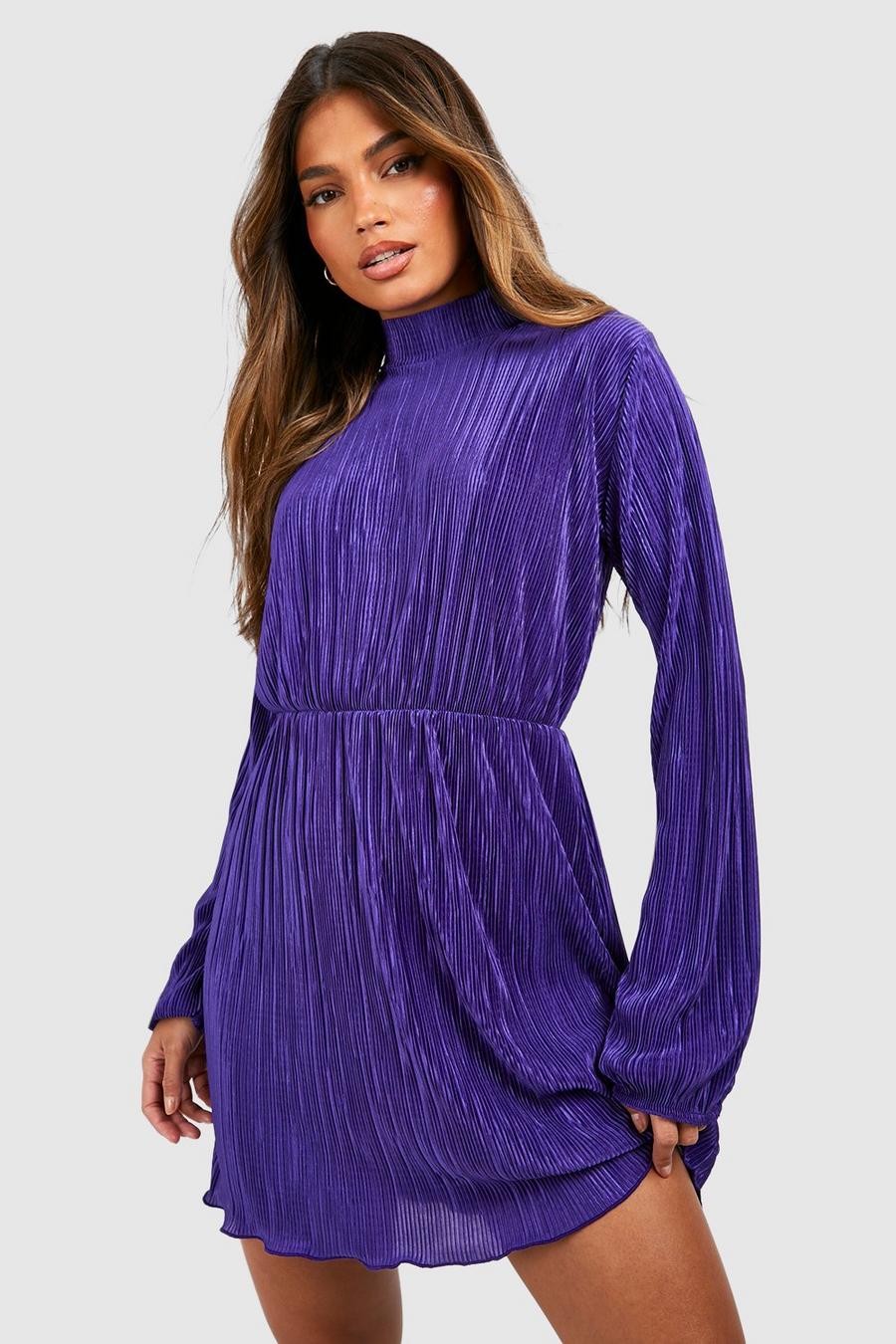 Purple High Neck Plisse Shift Dress