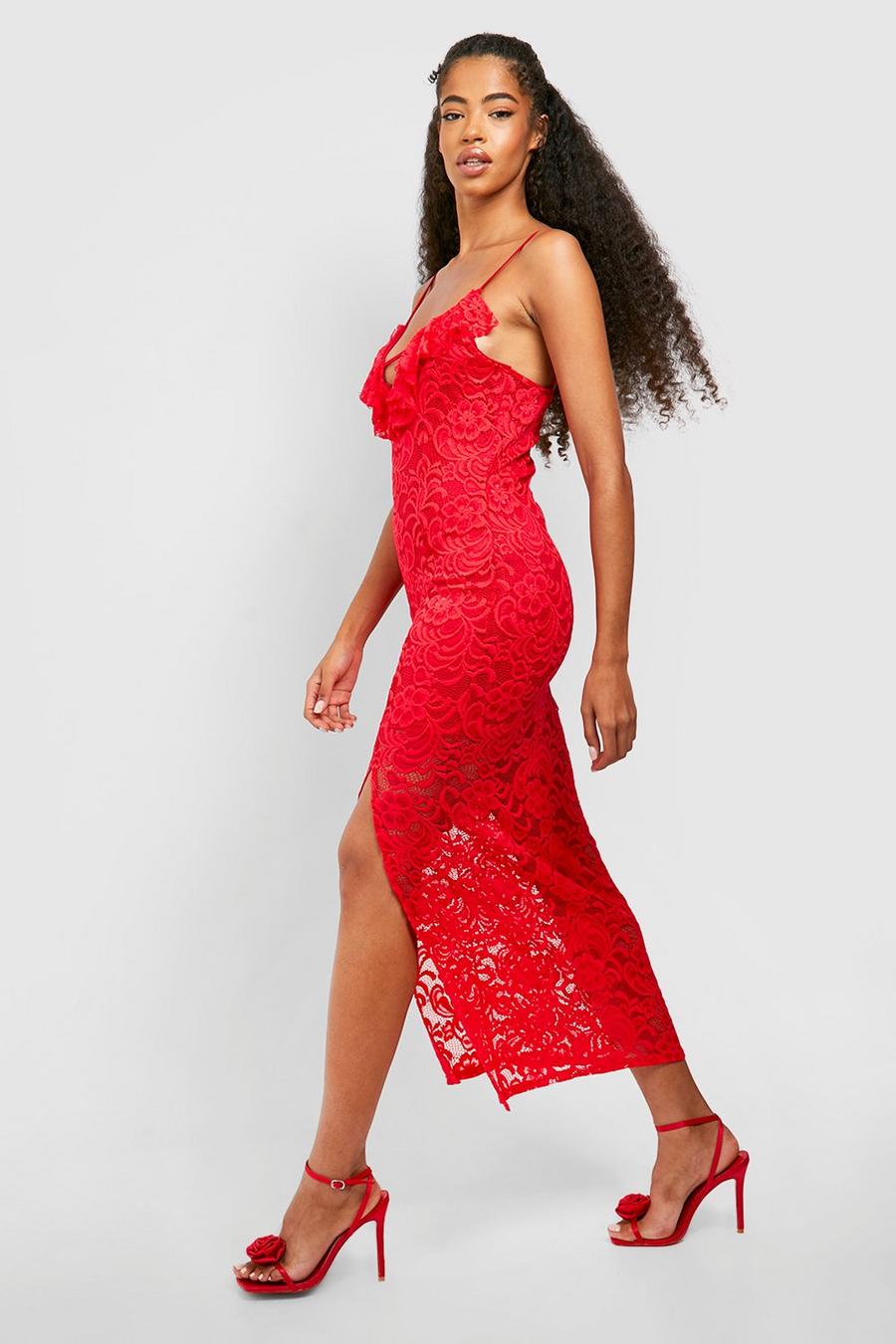 Red Lace Split Leg Midi Dress image number 1