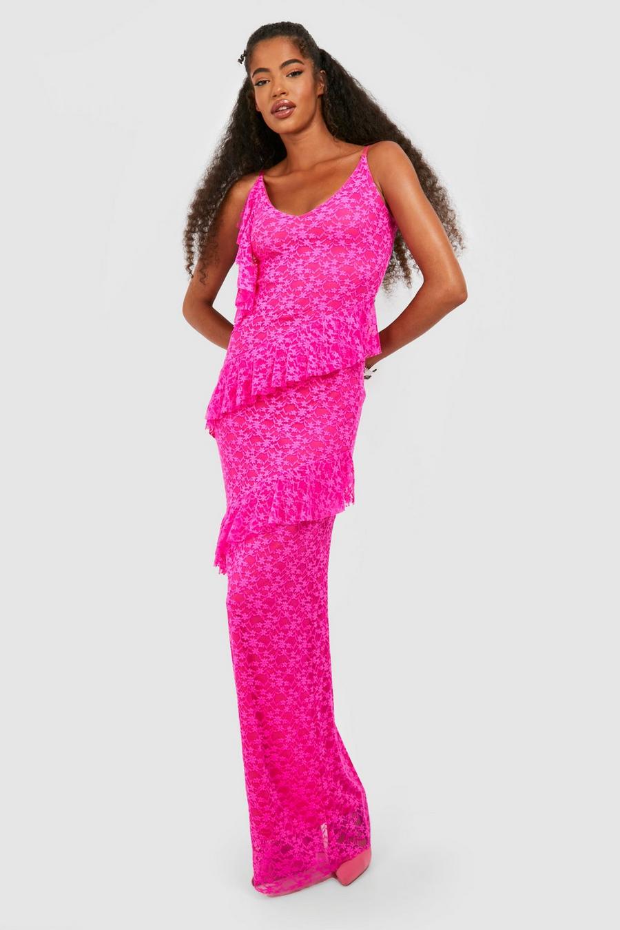 Magenta Lace Asymmetric Ruffle Maxi Dress 