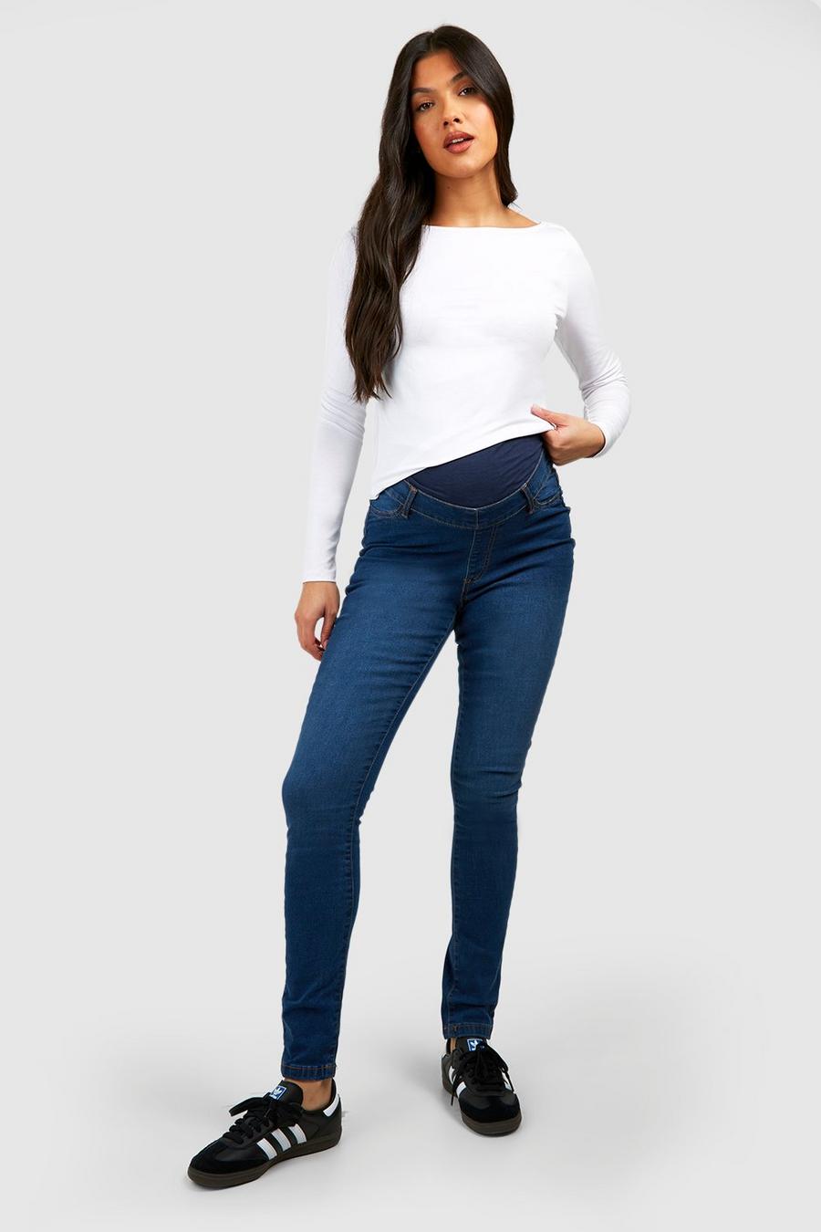 Washed indigo Mammakläder Skinny jeans med hög midja image number 1