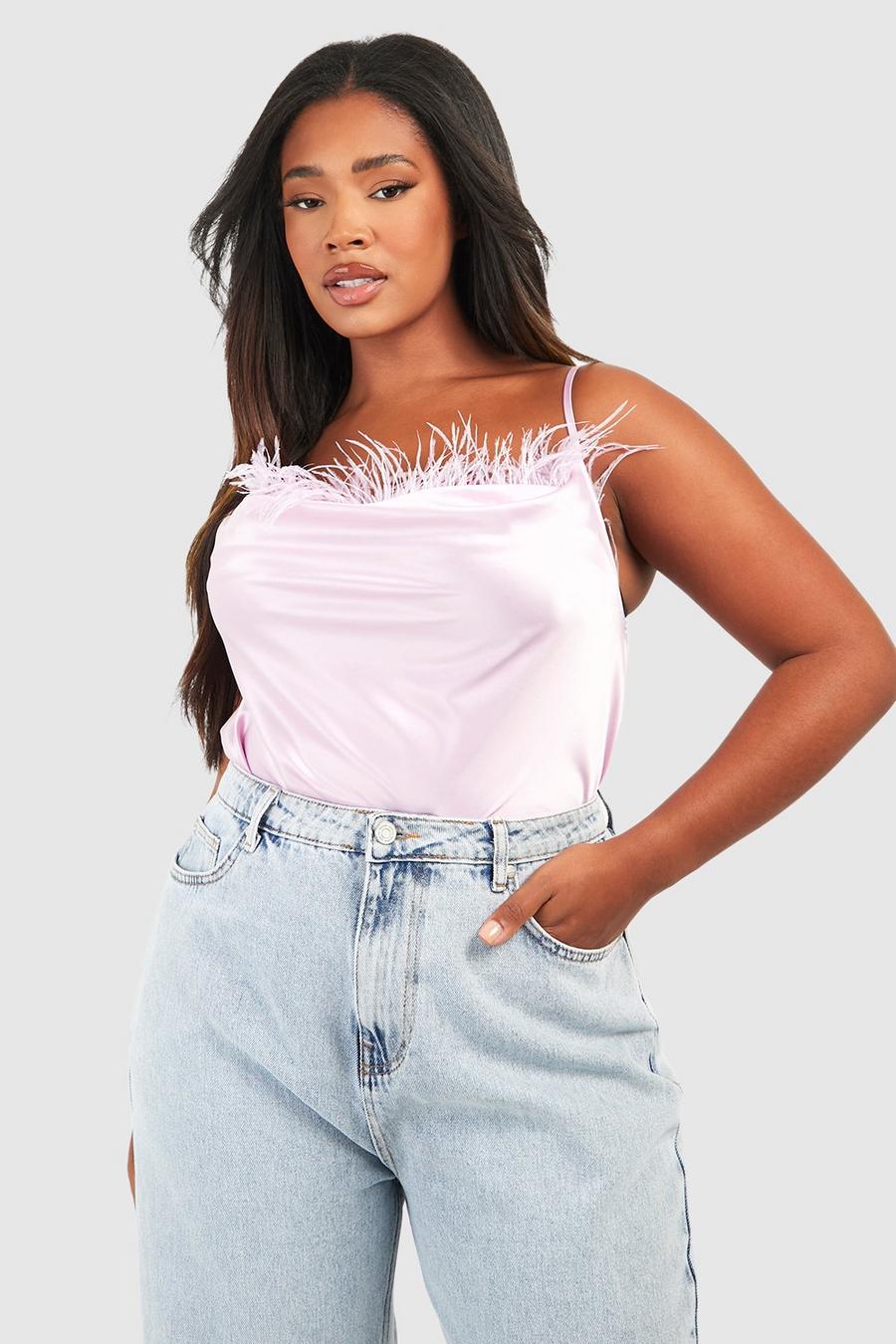Lilac Plus Satin Feather Cowl Cami Top