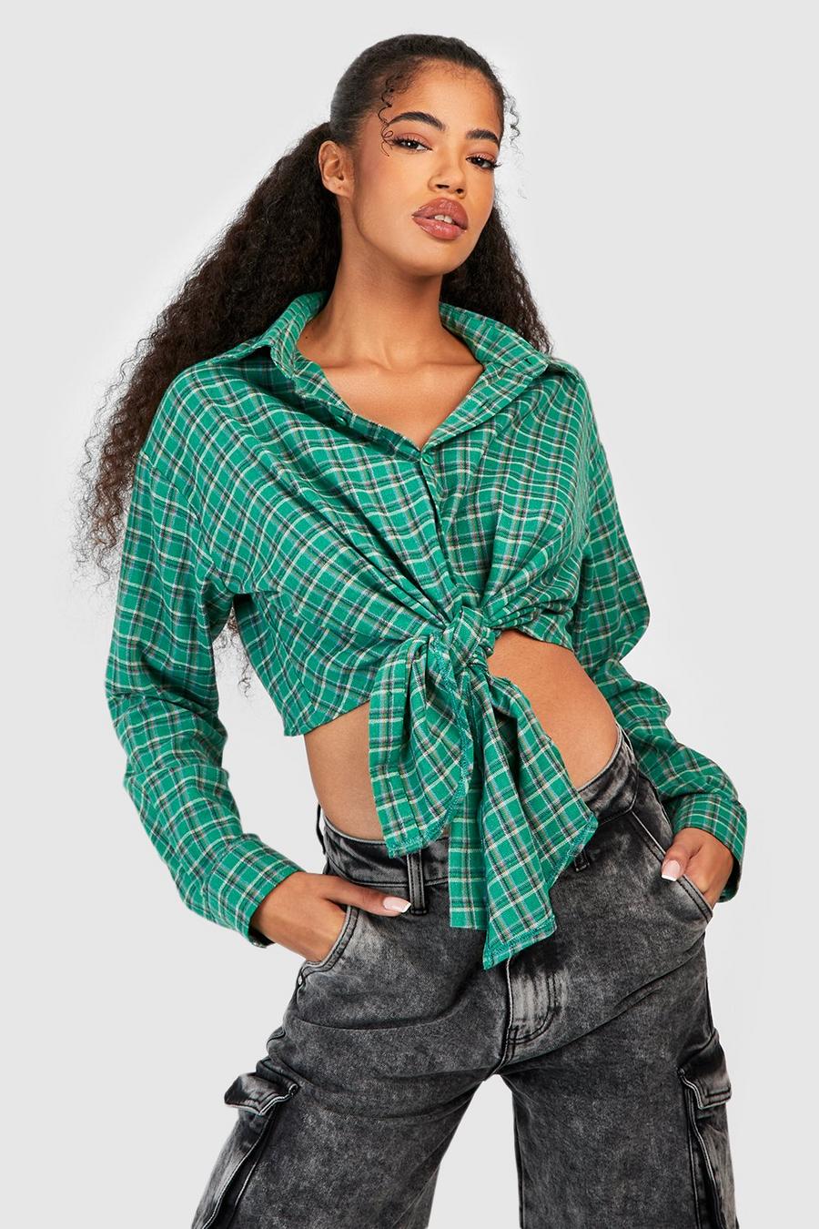 Green Flannel Cropped Side Tie Shirt