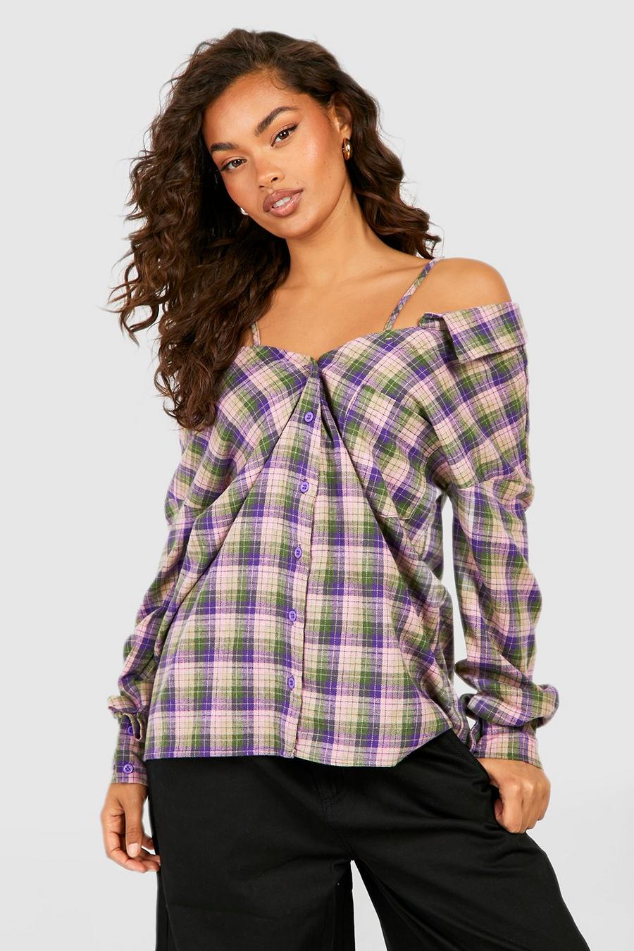 Purple Checked Cold Shoulder Shirt   