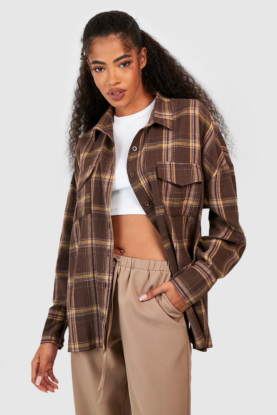 Chocolate Checked Pocket Detail Oversized Shirt  