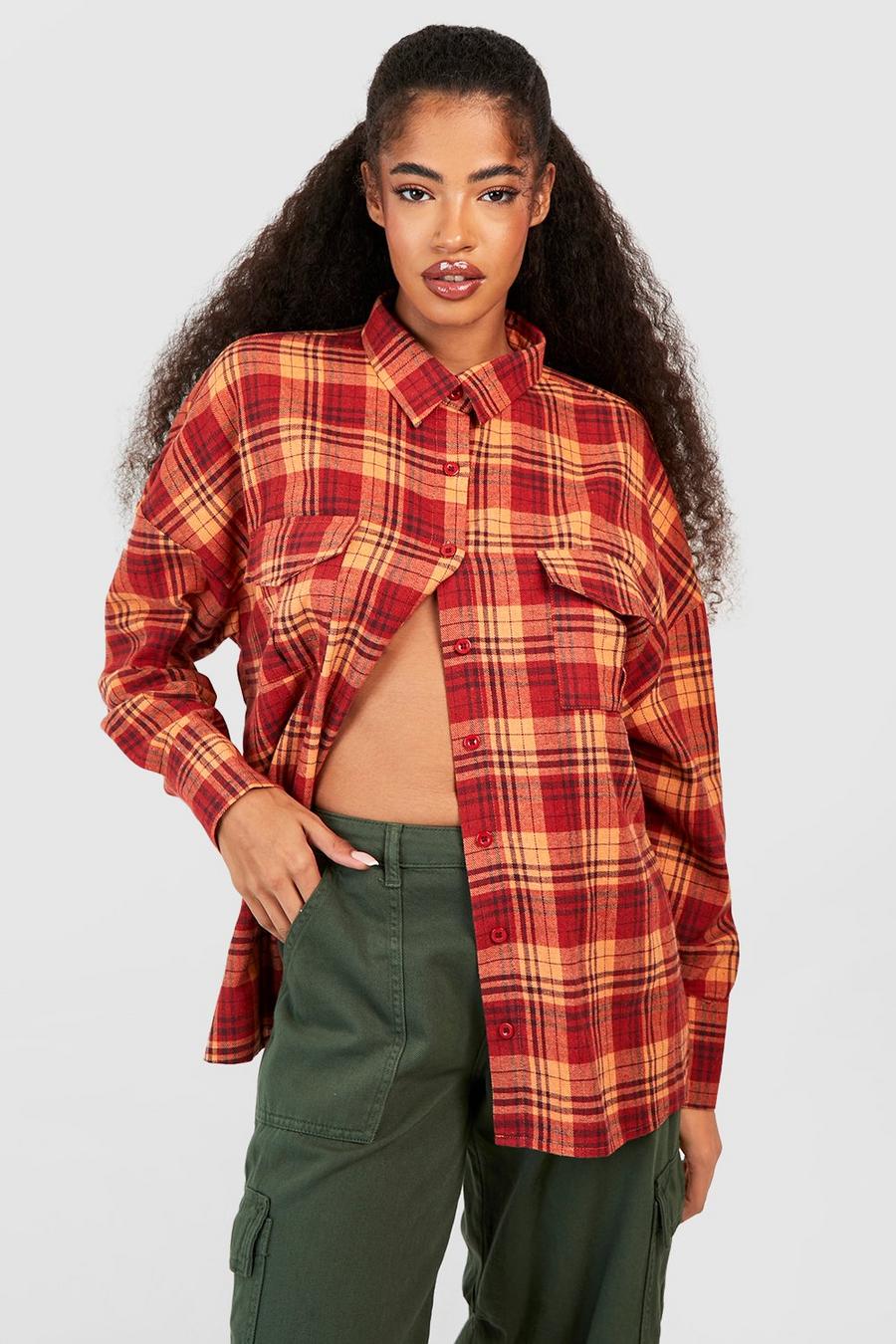 Rust Checked Pocket Detail Oversized Shirt 