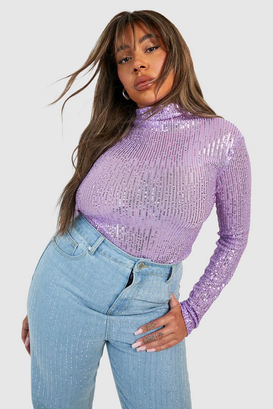 Lilac Plus Sequin High Neck Long Sleeve Top