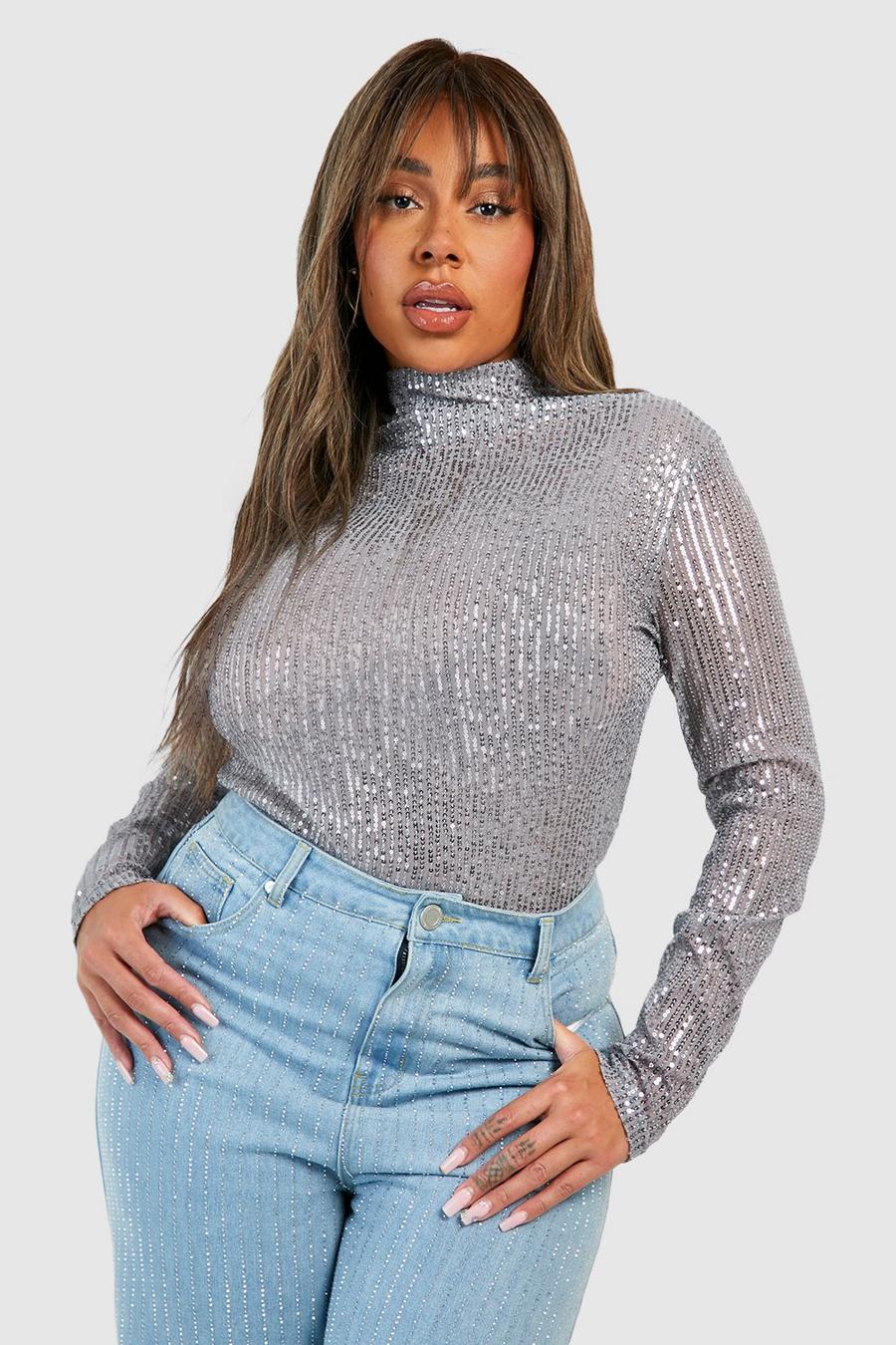 Silver Plus Sequin High Neck Long Sleeve Top