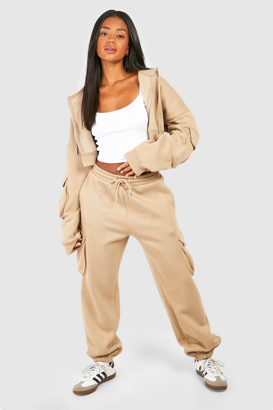 Taupe Cargo Pocket Cropped Hoodie Tracksuit  image number 1