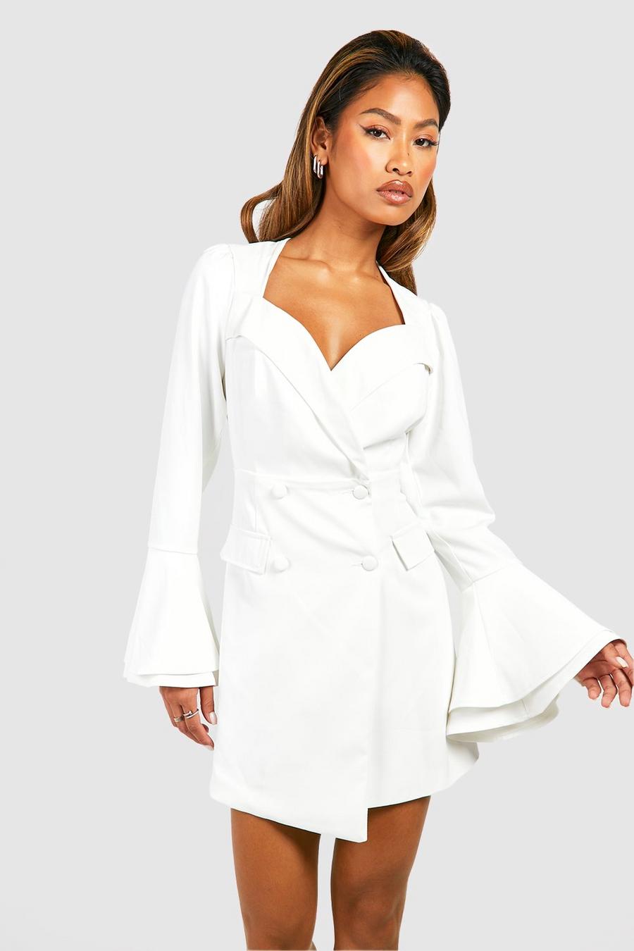 Ivory Sweetheart Neck Flared Sleeve Wrap Blazer Dress