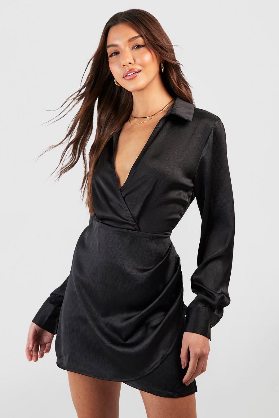 Strukturiertes Satin Hemd-Kleid mit geraffter Front, Black