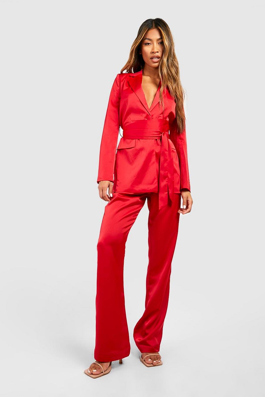 Red Matte Satin Fit & Flare Tailored Pants